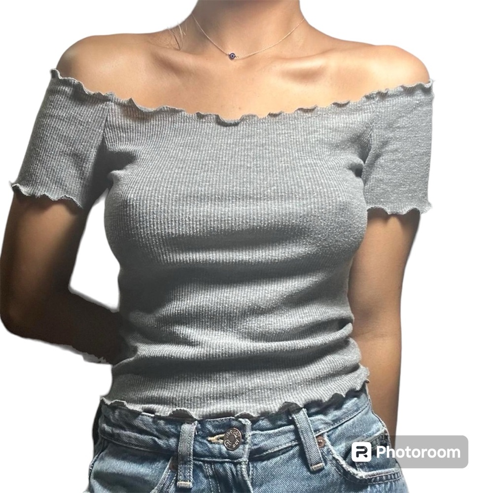 Brandy Melville Gray Off the Shoulder Ruffle Hem Tee